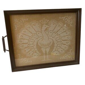 Victorian Wood Framed Glass Crochet Peacock Tray Brass Handle Thanksgiving Retro